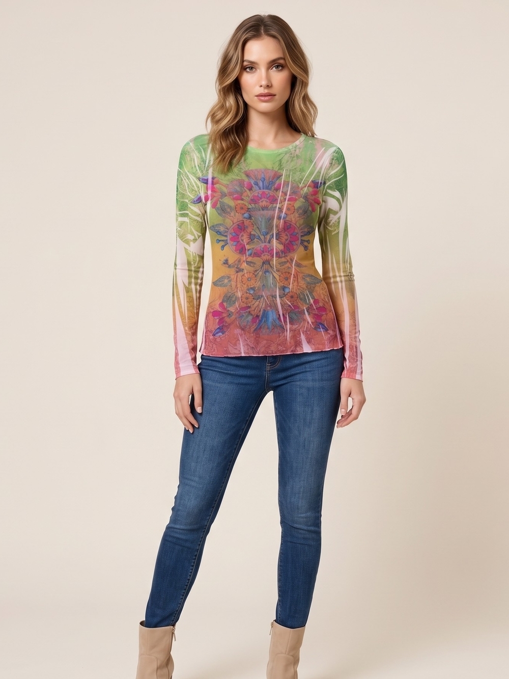 Floral Ombre Long Sleeve Mesh Tee in Green-Pink